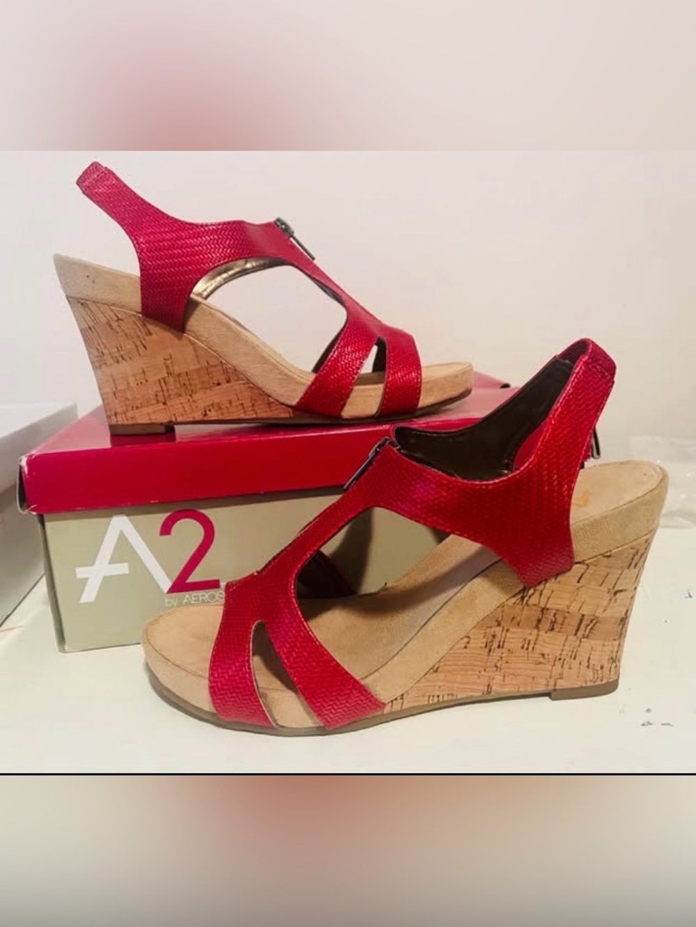 A2 By Aerosoles Red Cork Wedge Slingback Sandals